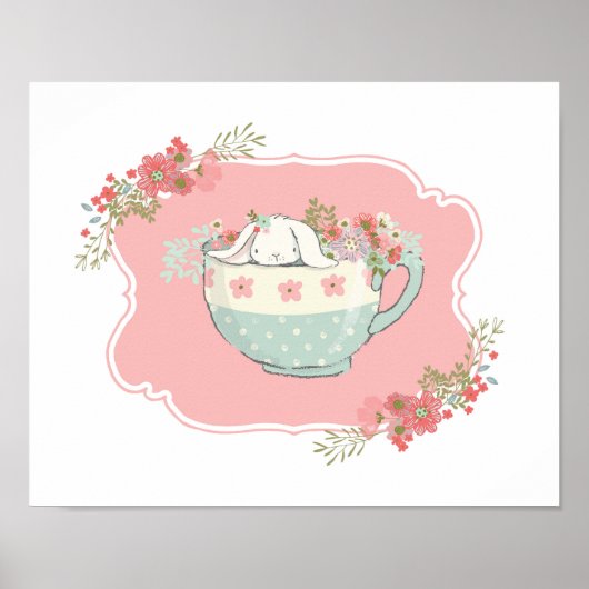 Little Bunny in een Teacup Pink Nursery Art Poster (Voorkant)
