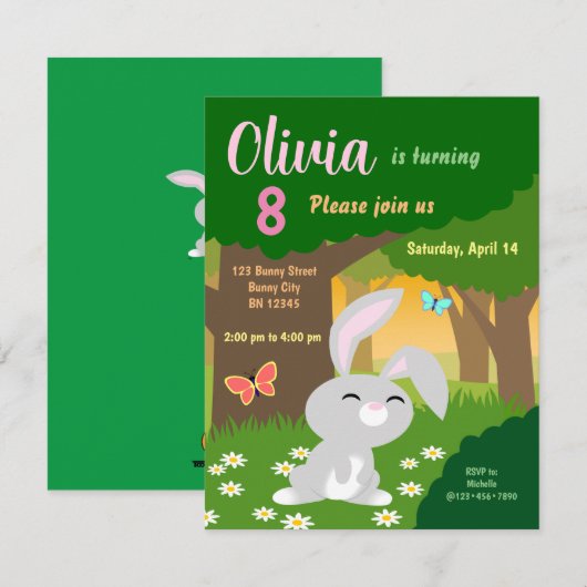 Little Bunny in the Bossen Birthday Invitation Kaart (Voorkant / Achterkant)