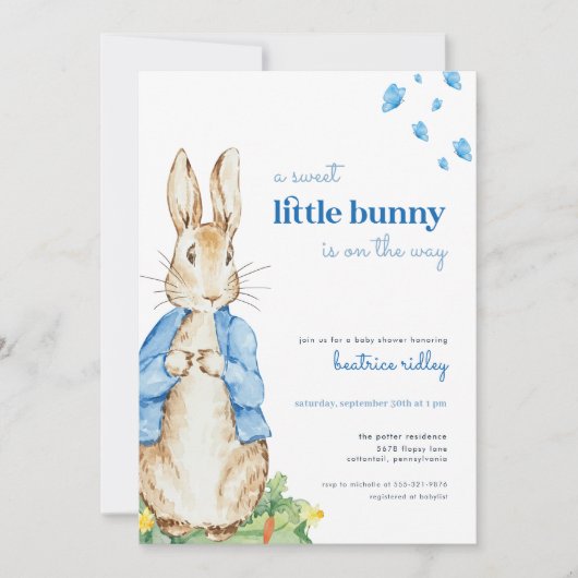 Little Bunny Peter Rabbit Baby shower Invitation Kaart (Voorkant)