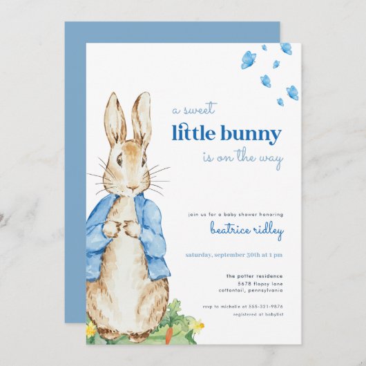 Little Bunny Peter Rabbit Baby shower Invitation Kaart (Voorkant / Achterkant)