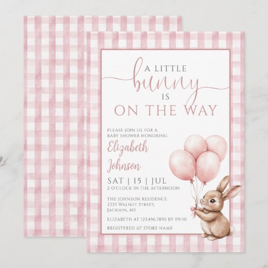 Little Bunny Pink Balloons Girl Baby shower Kaart (Voorkant / Achterkant)