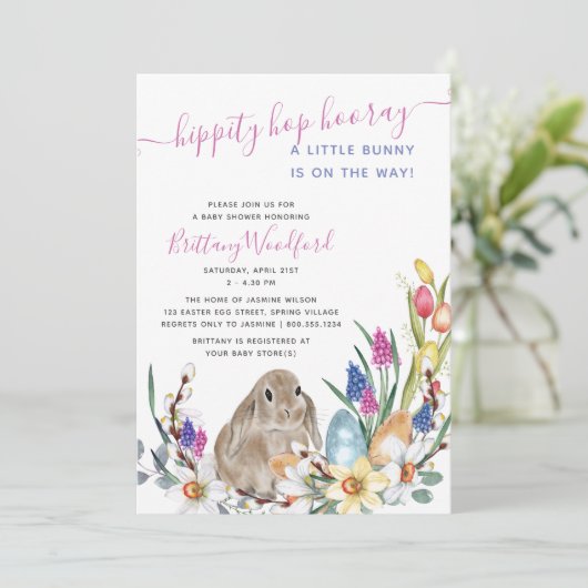 Little Bunny Rabbit en Spring Flower Baby shower Kaart (Staand voorkant)