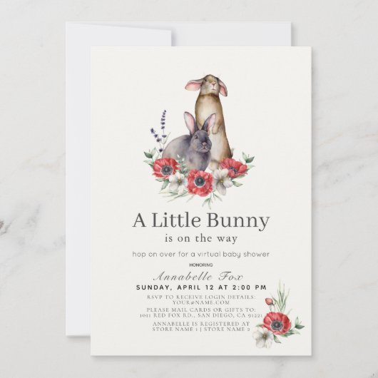 Little Bunny Red Anemone Virtual Baby shower Kaart (Voorkant)