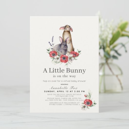 Little Bunny Red Anemone Virtual Baby shower Kaart (Staand voorkant)