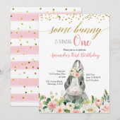 Little Bunny Spring Floral Birthday Invitation Kaart (Voorkant / Achterkant)