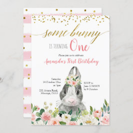 Little Bunny Spring Floral Birthday Invitation Kaart