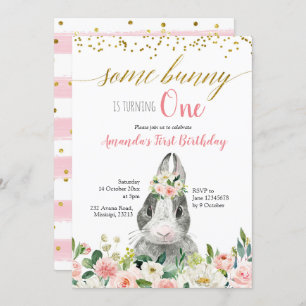 Little Bunny Spring Floral Birthday Invitation Kaart