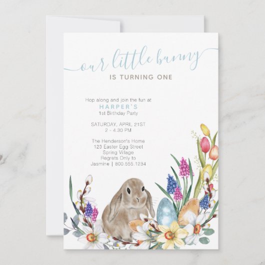 Little Bunny Spring Flower and Rabbit 1st Birthday Kaart (Voorkant)