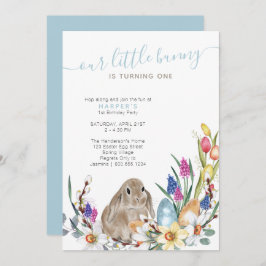 Little Bunny Spring Flower and Rabbit 1st Birthday Kaart
