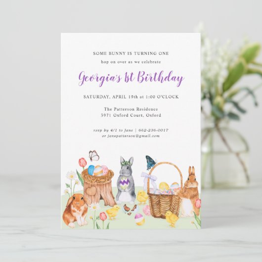 Little Bunny Spring Greenery Birthday Invitation (Staand voorkant)