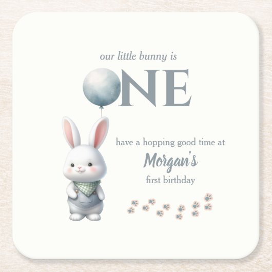 Little Bunny Turning One Blue Boys 1st Birthday Kartonnen Onderzetters (Voorkant)