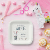 Little Bunny Turning One Blue Boys 1st Birthday Papieren Bordje (Feest)