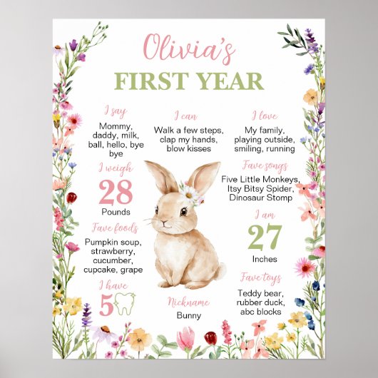 Little Bunny Wildflower Verjaardag Mijlpaal Teken Poster (Voorkant)