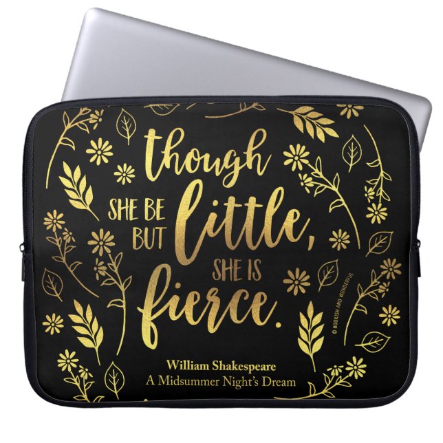 Little but Fierce William Shakespeare Gold Floral Laptop Sleeve (Voorkant)