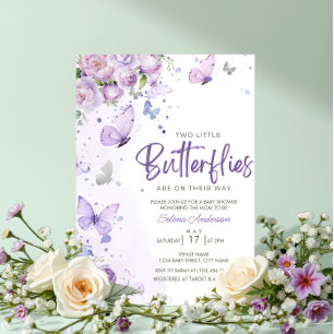 Little Butterflies Paarse Floral Twins Baby shower Kaart