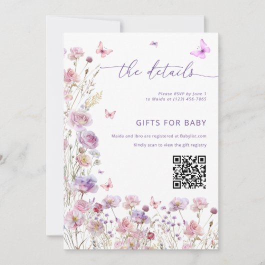 Little Butterfly Baby Shower Details Card  Kaart (Voorkant)