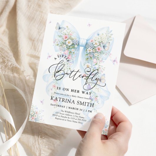 Little Butterfly Blue Bow Baby Shower Kaart