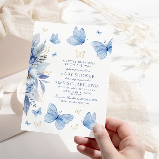 Little Butterfly Blue Flowers Boy Baby shower Kaart