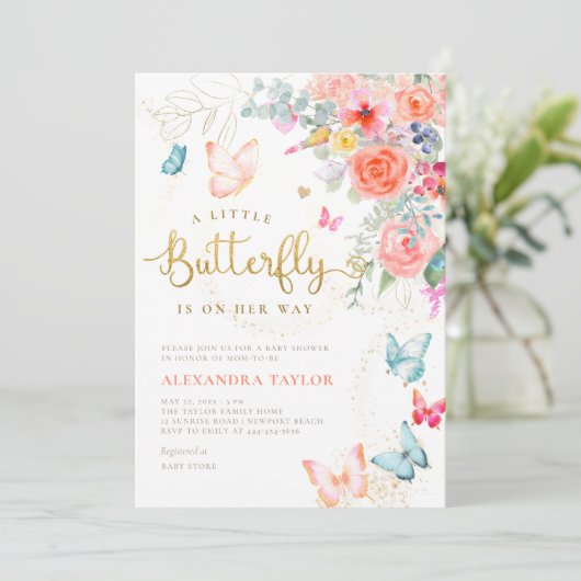 Little Butterfly Bright Bloemen Baby Meisje Douche Kaart (Staand voorkant)