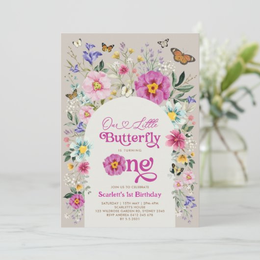 Little Butterfly Bright Wildfower 1e verjaardag Kaart (Staand voorkant)