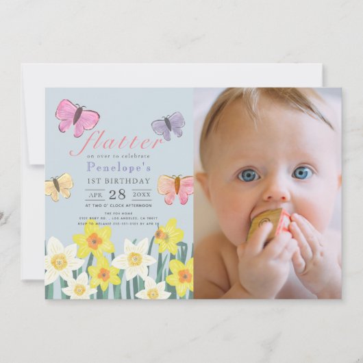 Little Butterfly Daffodil Girl 1st Birthday Foto Kaart (Voorkant)