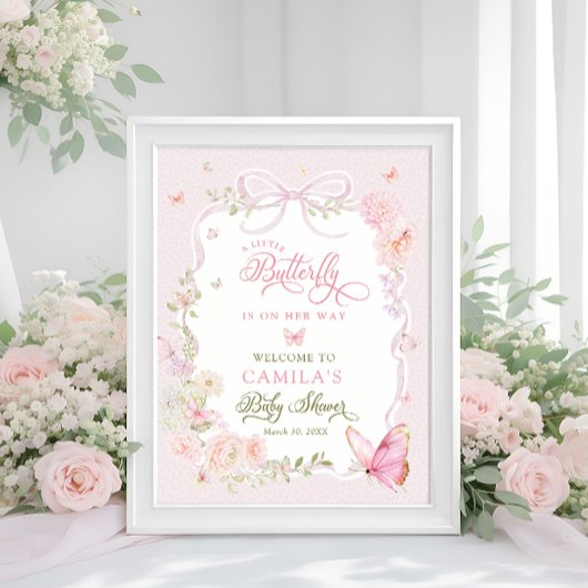 Little Butterfly Floral Girl Baby Shower Welcome Poster