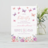 Little Butterfly Flowers Roze & Paarse Baby shower Kaart (Staand voorkant)
