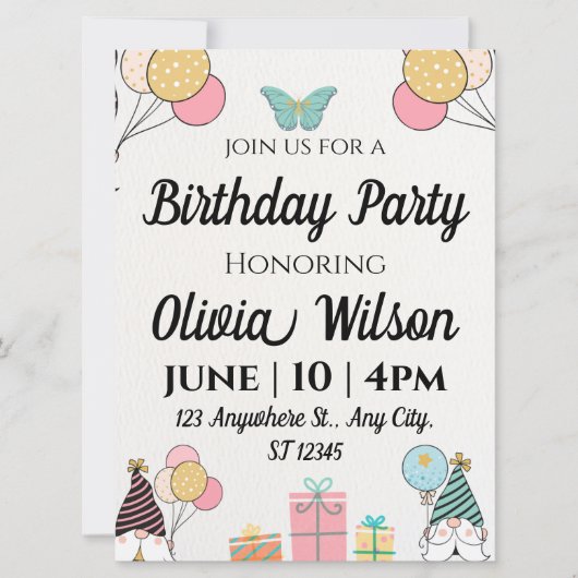 Little Butterfly Girl Birthday Invitation Kaart (Voorkant)
