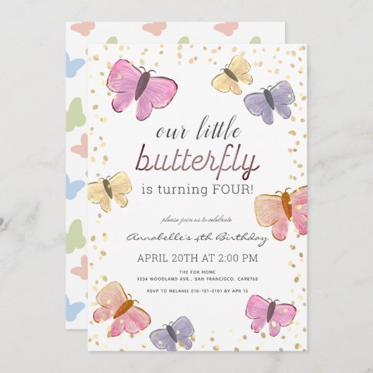 Little Butterfly Girl Birthday Invitation Kaart (Voorkant / Achterkant)