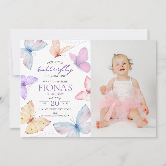 Little Butterfly Girl's 1e verjaardag Foto Kaart (Voorkant)