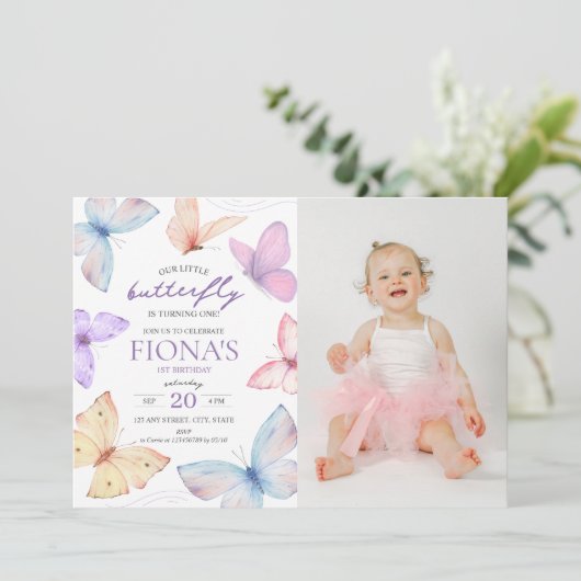 Little Butterfly Girl's 1e verjaardag Foto Kaart (Staand voorkant)