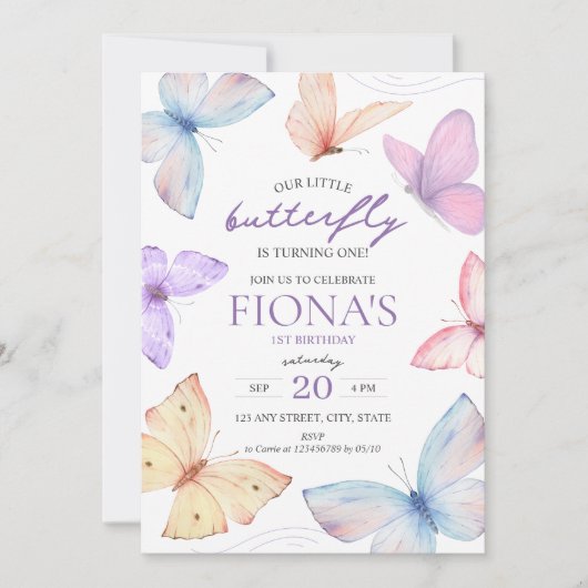 Little Butterfly Girl's 1e verjaardag Uitnodiging (Voorkant)