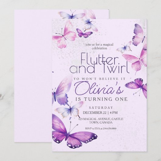 Little Butterfly Girls Paarse 1e verjaardagsfeestj Kaart (Voorkant / Achterkant)