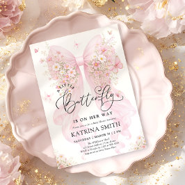 Little Butterfly Pink Bow Girl Baby Shower Kaart
