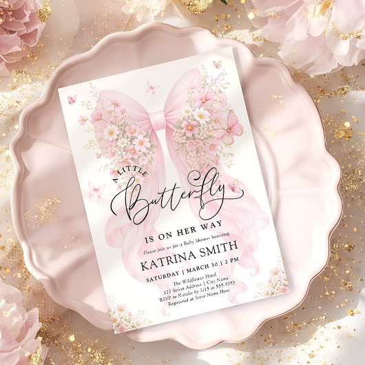 Little Butterfly Pink Bow Girl Baby Shower Kaart