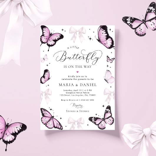 Little Butterfly Pink Bow Girl Baby shower Kaart