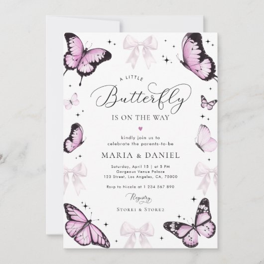 Little Butterfly Pink Bow Girl Baby shower Kaart (Voorkant)