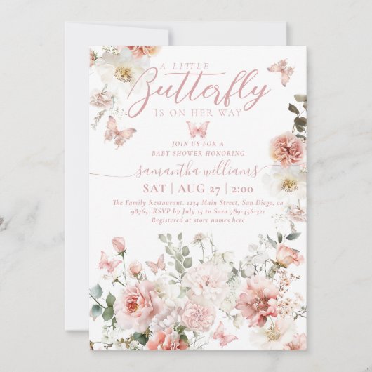 Little Butterfly Pink Floral Baby Meisje Douche Kaart (Voorkant)