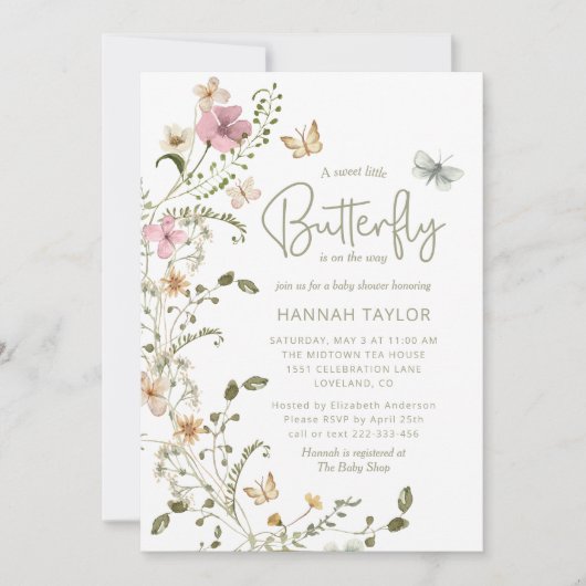 Little Butterfly Pink Floral Meisje Baby shower Kaart (Voorkant)