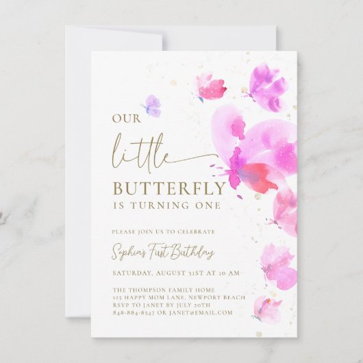 Little Butterfly Pink Paarse Budget 1e Verjaardag Kaart (Voorkant)