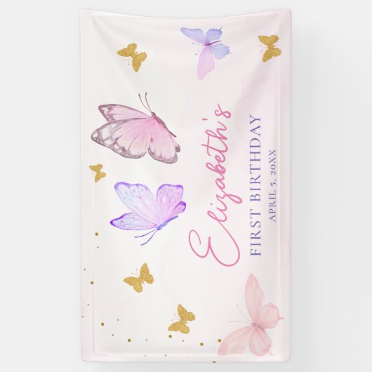 Little Butterfly Pink Purple Girl First Birthday Spandoek (Verticaal)