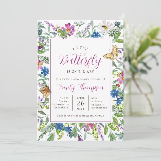 Little Butterfly Spring Wildflower Baby shower Kaart (Staand voorkant)