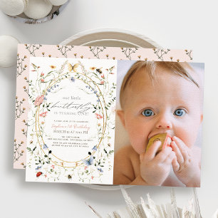 Little Butterfly Wildflower Bee Foto 1e verjaardag Kaart