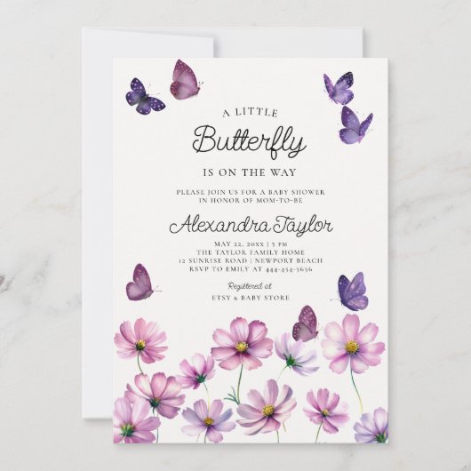 Little Butterfly Wildflower Roze Baby Meisje Douch Kaart (Voorkant)