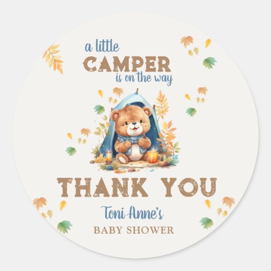 LITTLE CAMPER BLUE WATERVERF BABY SHOWER RONDE STICKER (Voorkant)