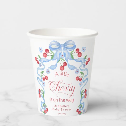 Little Cherry Blue Bow Baby shower Papieren Bekers (Voorkant)