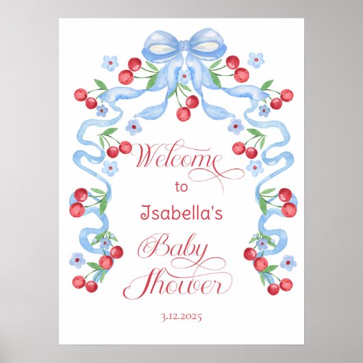 Little Cherry Blue Bow Baby shower Welkom Poster (Voorkant)