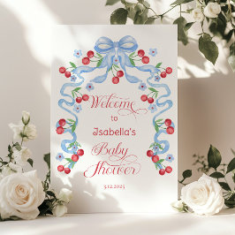Little Cherry Blue Bow Baby shower Welkom Poster