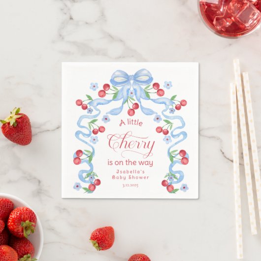 Little Cherry Boy Blue Bow Coquette Baby shower Servet (Insitu)