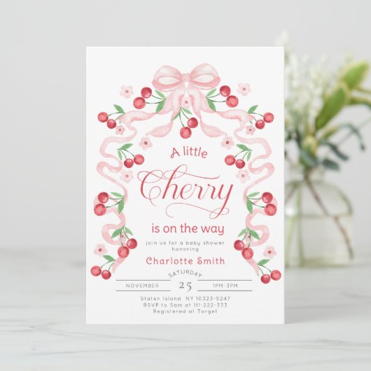 Little Cherry Girl roze strik Baby shower Kaart (Staand voorkant)